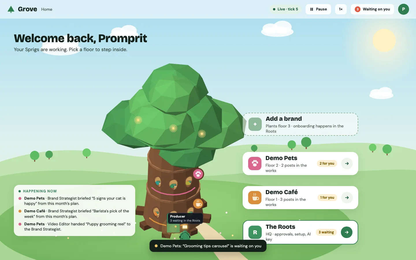 Grove prototype: a treehouse where AI agents work on a brand